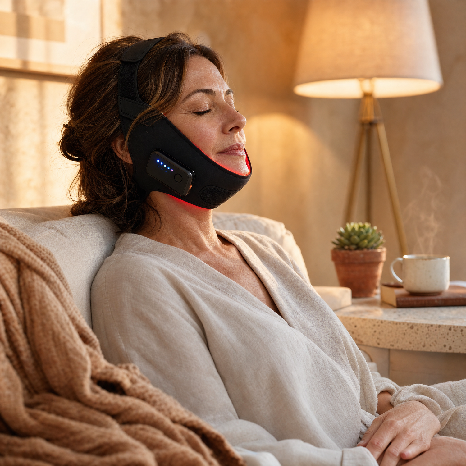 Sculptiva NeckLift - vrouw draagt V-lijn kinband thuis
